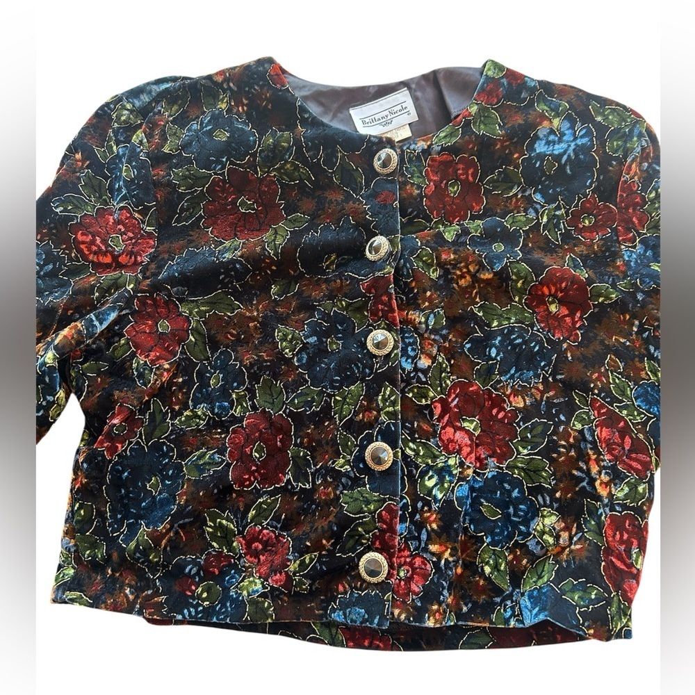 Vintage 90s Floral Velvet Button-Up Jacket Cropped Gold Metallic